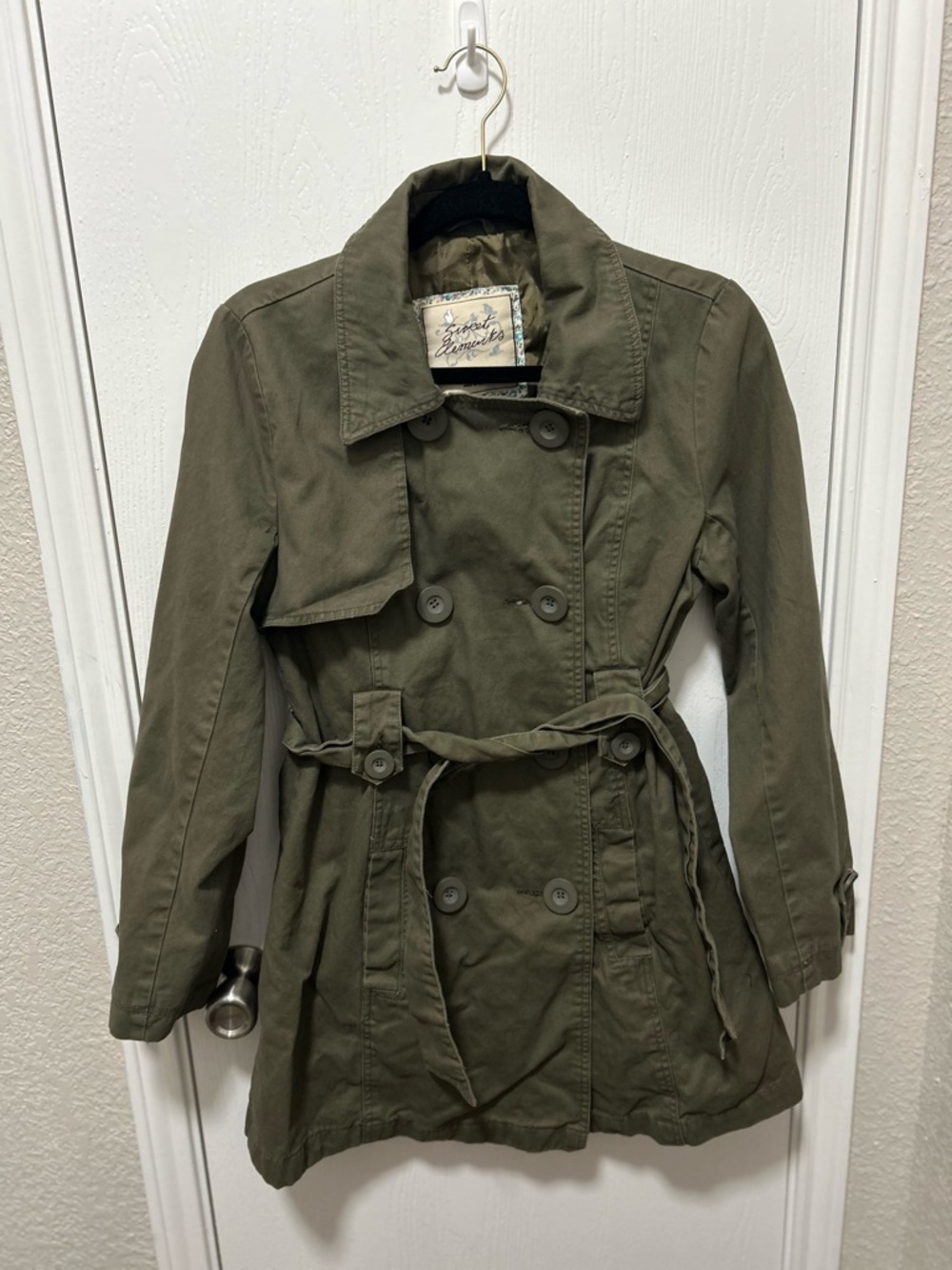 Sweet Elements Army Green Double Breasted Canvas Pea Coat Trench Coat Size Small